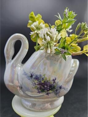 Vintage Iridescent White Swan Planter, Pearlized Ceramic Mini Vase, MCM Decor
